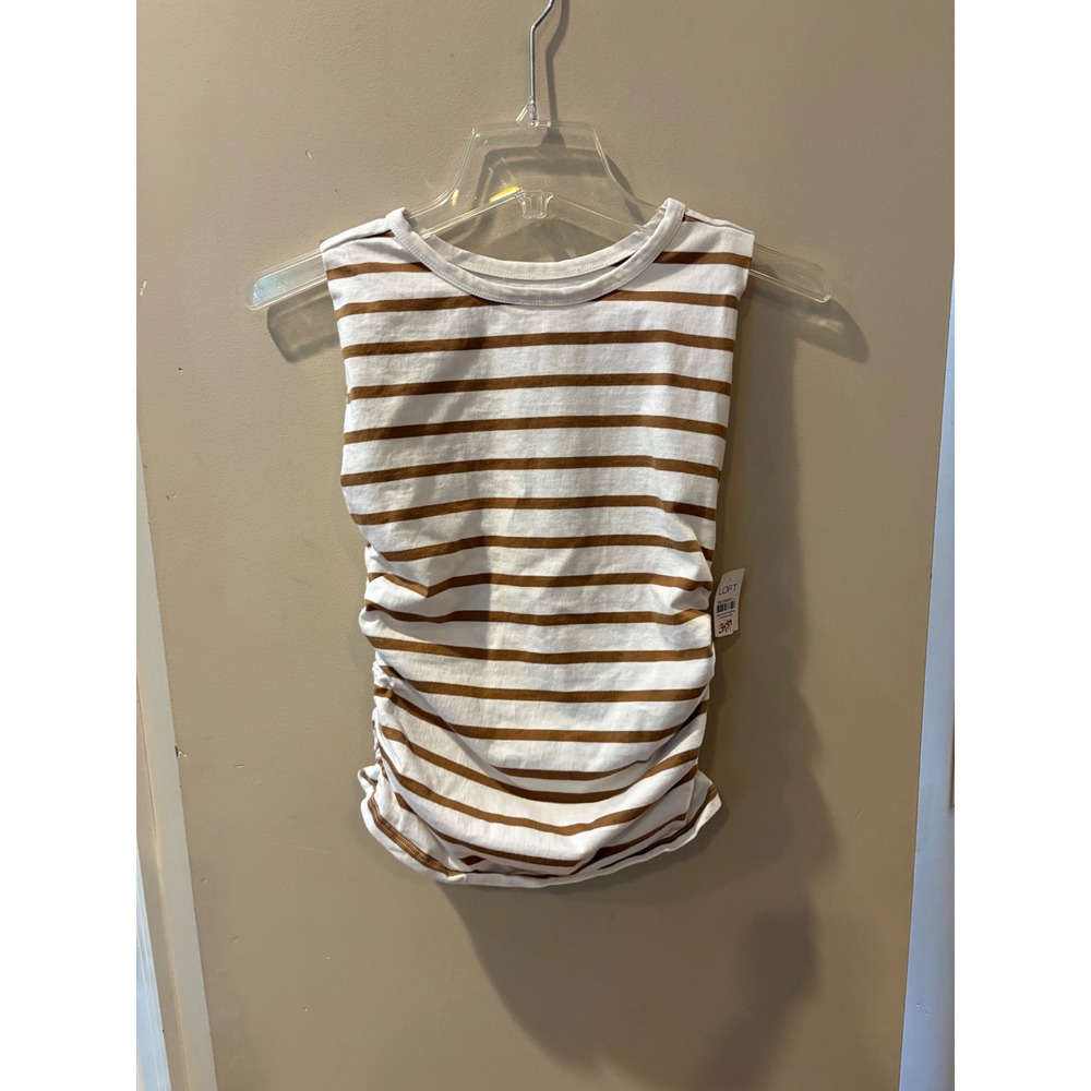 Loft Brown White Striped Ruched Side Sleeveless Cotton Tank Top XS NEW $69